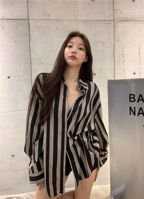 Long Sleeves Strip Collar Down Shirts
